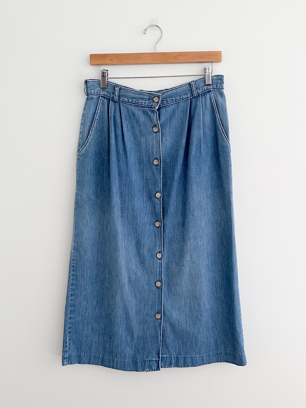 Vintage Denim Midi Skirt 90s Coastal Grandmother Button Front Pleated Skirt MED